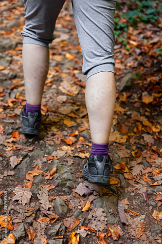 Female legs on a forest hiking trail covered in autumn leaves, going up, back view