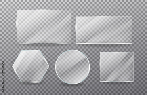 Realistic transparent glass window set. Collection of Glass plates on transparent background. Acrylic and glass texture with glares and light. Rectangle frame. Vector.