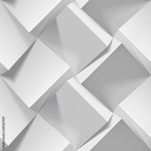 Light seamless geometric pattern. Realistic 3d cubes from white paper. Vector template for wallpapers, textile, fabric, wrapping paper, backgrounds. Abstract texture with volume extrude effect.