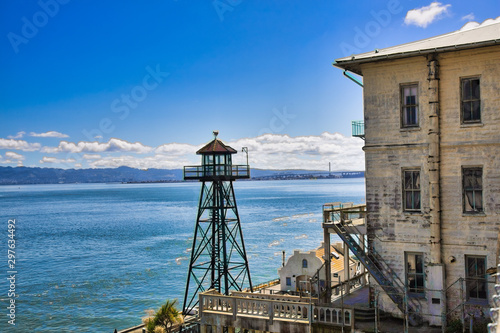 Tower and building at Alcatraz overlooking San Francisco Bay