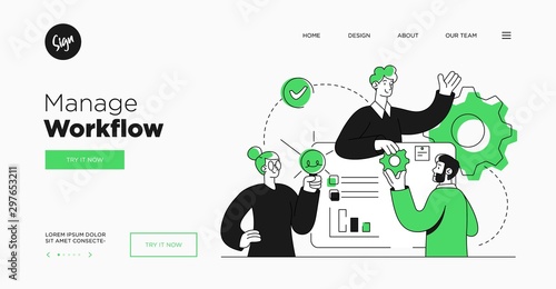 Presentation slide template or landing page website design. Business concept illustrations. Modern flat outline style. Workflow management