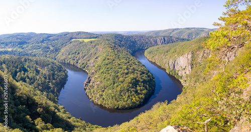 Aerial view of Vltava river horseshoe shape meander from Maj viewpoint, Czech Republic