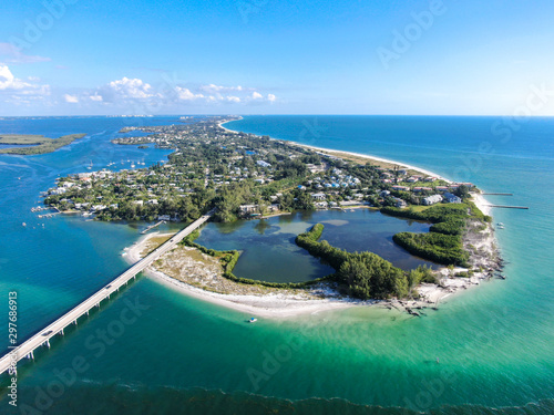 Aerial view of Longboat Key town and beaches in Manatee and Sarasota counties along the central west coast of the U.S. state of Florida,