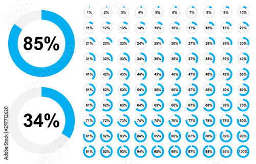 Pie chart full set, ring percentage diagram collection, loading circle icon, black isolated on white background, vector illustration.