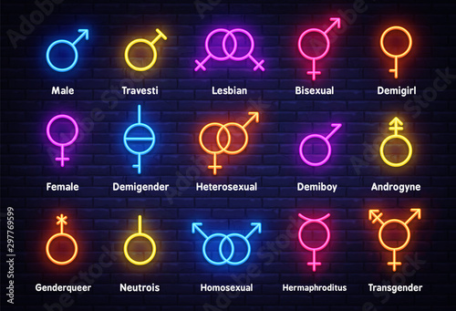 Gender neon icons set. Sexual orientation concept, collection light signs. Sign boards, light banner. Neon isolated icon, emblem, design template. Vector Illustration