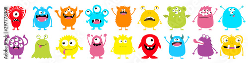 Happy Halloween. Monster colorful round silhouette icon super big set line. Eyes, tongue, tooth fang, hands up. Cute cartoon kawaii scary funny baby character.White background. Flat design.