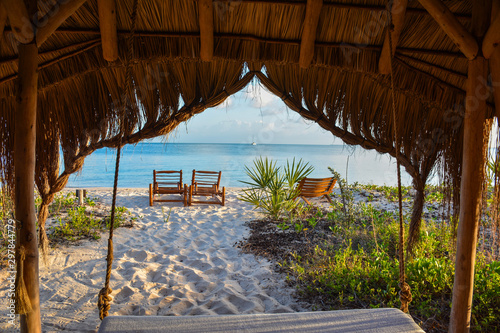 looking out to sea across beach on Benguerra Island, Mozambique