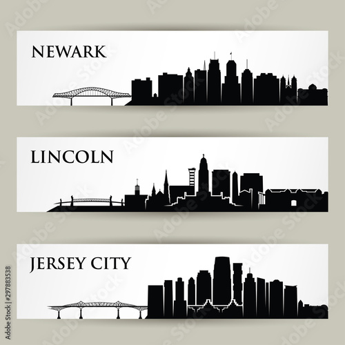 United States of America cities skylines - USA, Newark New Jersey, Lincoln Nebraska, Jersey City - isolated vector illustration