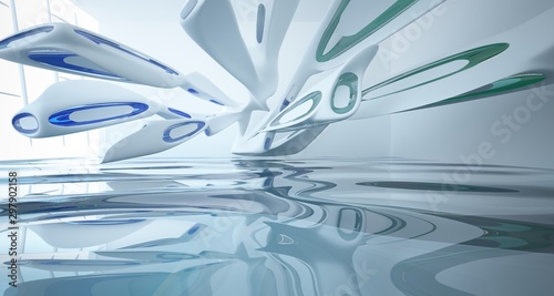 Abstract smooth architectural white interior with color gradient glass sculpture with water and large windows. 3D illustration and rendering.