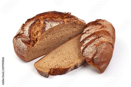 Round freshly baked rustic rye bread, isolated on white background