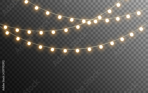 Christmas lights isolated. Glowing garlands on transparent dark background. Realistic luminous elements. Bright light bulbs for poster, card, brochure or web. Vector illustration