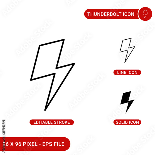 Thunderbolt icons set vector illustration with solid icon line style. David bowie bolt concept. Editable stroke icon on isolated background for web design, infographic and UI mobile app.