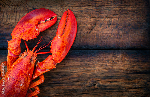 Steamed lobster seafood on wood background