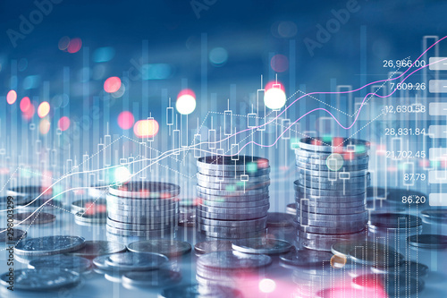 Financial stock market graph and rows of coins growth, abstract and symbol for finance concept, business investment and currency exchange, on blue background.