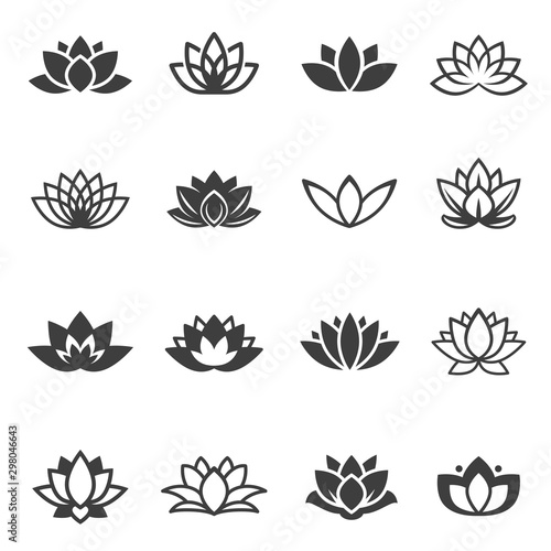 Lotus flowers black glyph and linear icons vector set