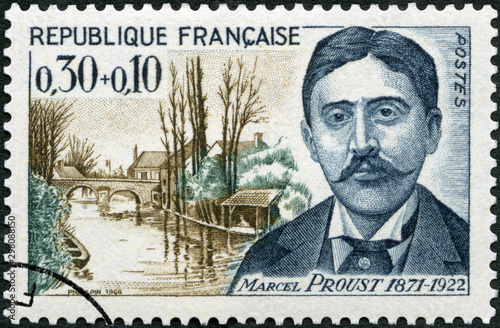 FRANCE - 1966: shows Valentin Louis Georges Eugene Marcel Proust (1871 - 1922) St Hilaire Bridge, Illiers, French writer, The surtax was for the Red Cross, 1966