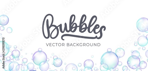 Festive iridescent foam bubbles with rainbow reflection vector illustration. Transparent soap balls with glares, highlights and gradient on white background for your design