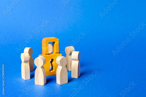 Figurines of people surround a golden padlock. Privacy and security, confidentiality. NDA agreement. Bank secrecy. Protection of information networks. Copyright