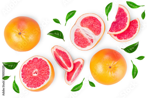 Grapefruit and slices isolated on white background. Top view. Flat lay