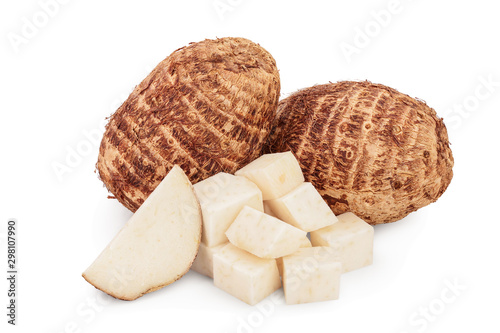 fresh taro root with slices isolated on white background