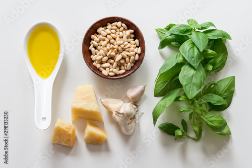 Ingredients for cooking green italian sauce pesto