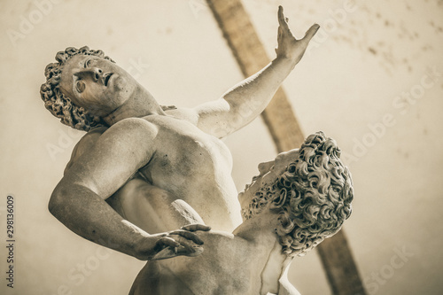 The Rape of Sabine Women Renaissance sculpture 1574-1580 by Giambologna 1529– 608 , in the Loggia dei Lanzi building, located in Piazza della Signoria square in Florence, Italy