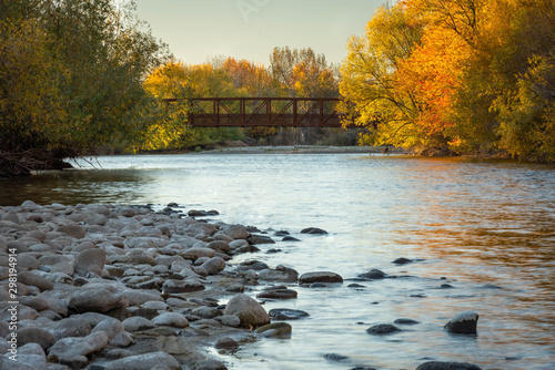 Landscape of the Boise river in Idaho in the fall. Green belt, Boise.