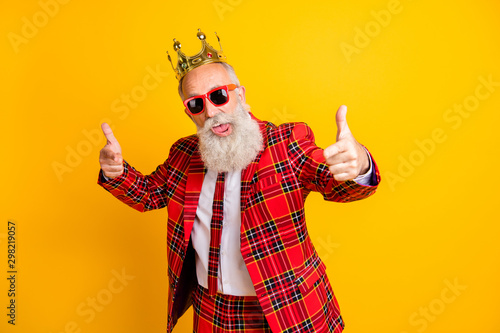 I choose you. Photo of modern look grandpa with white beard indicating fingers to camera wear plaid red blazer tie clothes isolated yellow color background