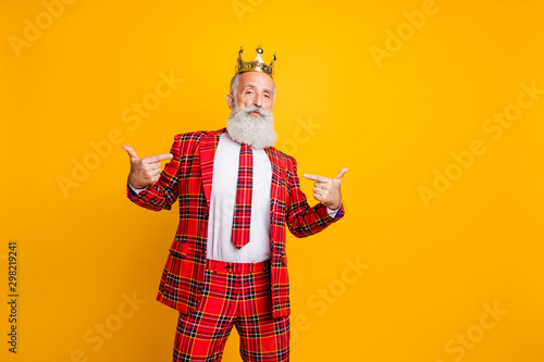 This is me. Photo of cool look grandpa white beard haughty person pointing fingers himself wear crown plaid red suit clothes isolated yellow color background