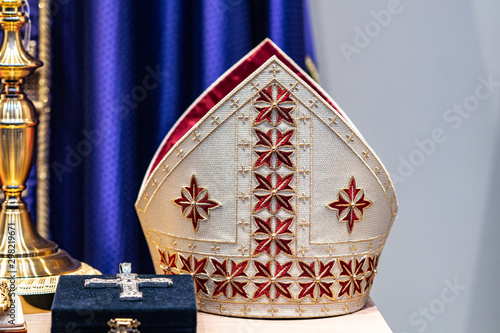 Mitre or miter, traditional ceremonial head-dress of bishops and certain abbots in traditional Christianity