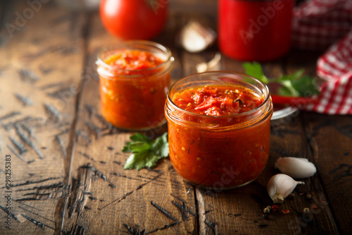 Homemade tomato sauce in the jars