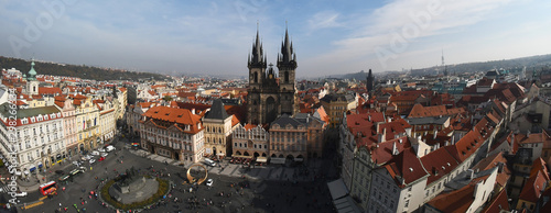 prague city from the clock tower looking ath the main square