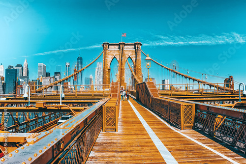Lower Manhattan from Brooklyn Bridge which across the East Rive, between Manhattan and Brooklyn. New York.