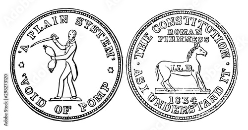 Copper Hard Times Token, 1834 vintage illustration.