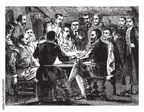 Signing of the Mayflower Contract,vintage illustration.