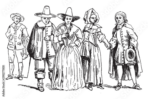 Puritans in mid 17th century, vintage illustration.