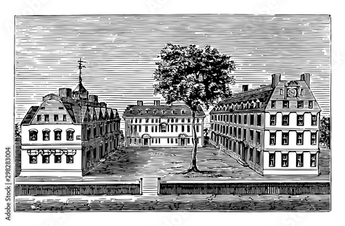Harvard College in 1720 vintage illustration