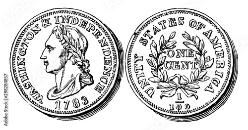 Copper Cent Coin, 1783 vintage illustration.