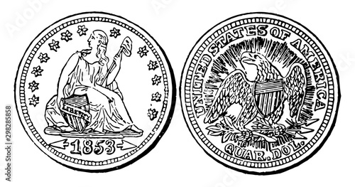 Silver Quarter Coin, 1853 vintage illustration.