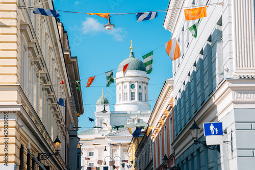 Helsinki cathedral with colorful garland in Helsinki, Finland