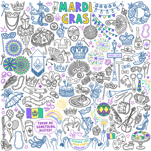 Mardi Gras carnival doodles set. Traditional holiday symbols, masks, party decorations. Freehand vector drawing isolated on background. "Laissez Les Bons Temps Rouler" means "Let the good times roll"