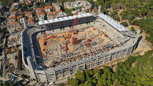 Aerial drone photo of under construction stadium of AEK near famous Park of Filadelfia, Athens, Attica, Greece