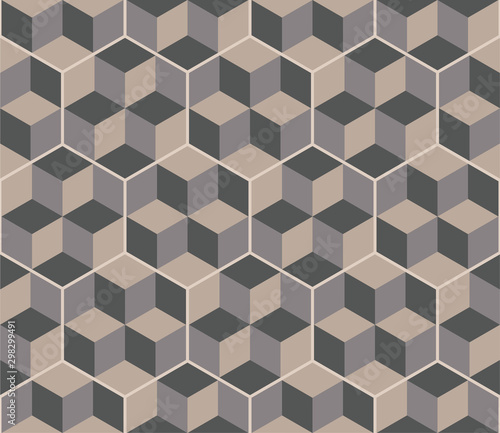hexagonal tiles with optical Illusion decor. Floor and wall texture. Vintage style pattern for modern interiors. Seamless geometric volume pattern. Fashion graphics background design. 3D cube shapes