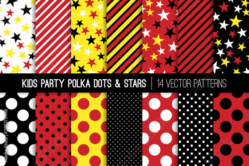 Yellow, Red, Black and White Polka Dots, Stars and Stripes Vector Seamless Patterns. Kids Party Backgrounds. Children Birthday Invitation Backdrops. Repeating Pattern Tile Swatches Included.