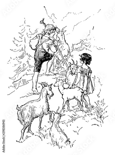 Heidi and Peter, vintage illustration