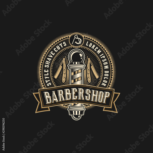 Barbershop logo with a complex design of elegant vintage details with professional scissors and razor elements, for your business and professional barbershop label with quality services.
