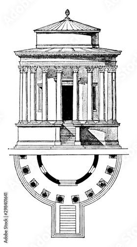 Temple of Vesta, Tivoli, the early first century BCE, vintage engraving.