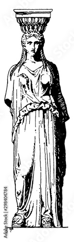 Greek Caryatid, a female figure, vintage engraving.