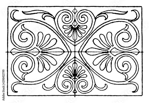 Greek Oblong Panel has a strict palmette decoration, vintage engraving.