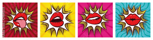 set of sexy woman mouths with splash pop art style